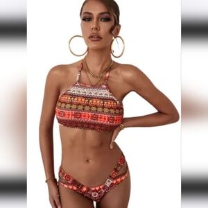 Red tribal print boho two-piece swimsuit